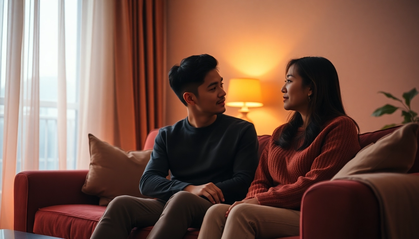 Momen romantis dalam film semi jepang dengan pasangan berbincang di ruang tamu.
