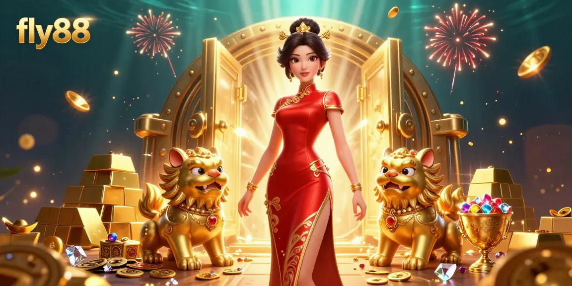 Experience the excitement of fly88 with a glamorous Asian woman amid gold treasures and festive fireworks.