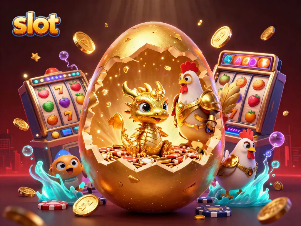 Slot yang berputar dengan naga emas dan chip poker yang meriah, simbol kemenangan dan suasana festival.
