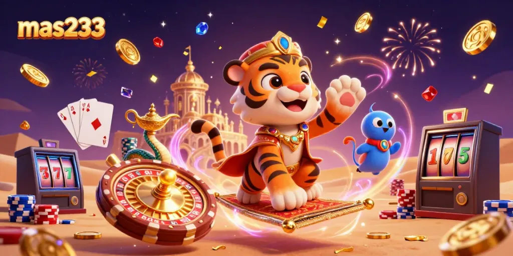 Gambarlah mas233 yang menunjukkan sultan harimau dengan karpet poker, dikelilingi koin emas dan roda roulette.
