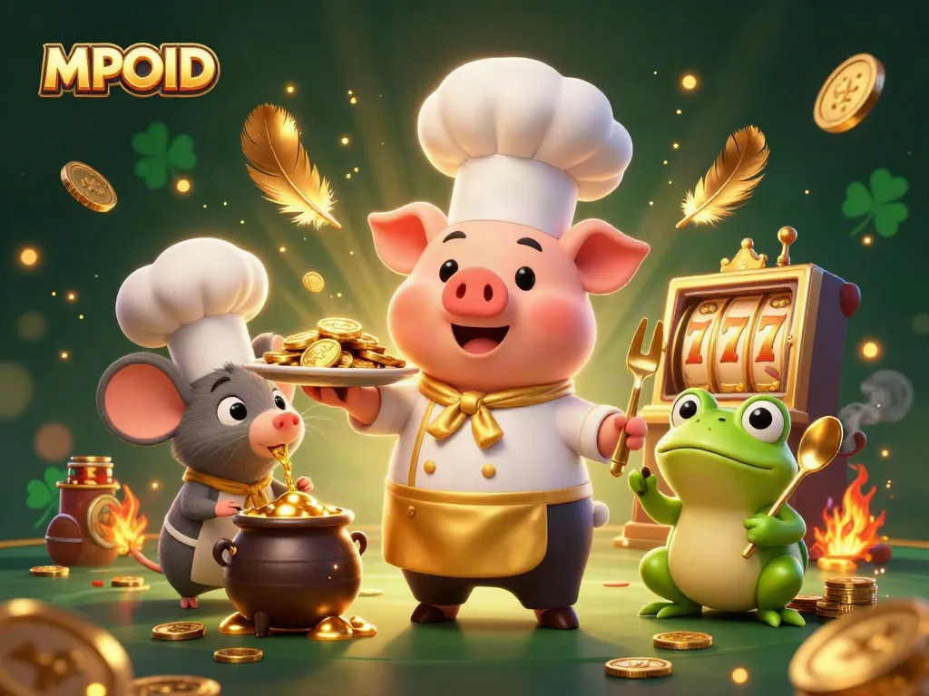MPOID serves golden coins gourmet style while slot machines spin in a vibrant casino scene.