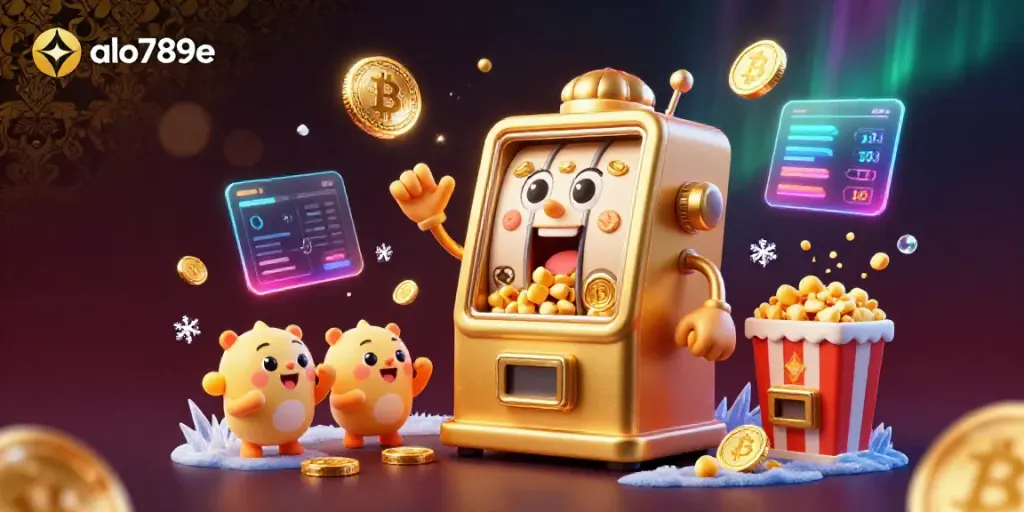 Experience the excitement of alo789e as a joyful golden slot machine hits a jackpot, surrounded by coins and cheering characters.