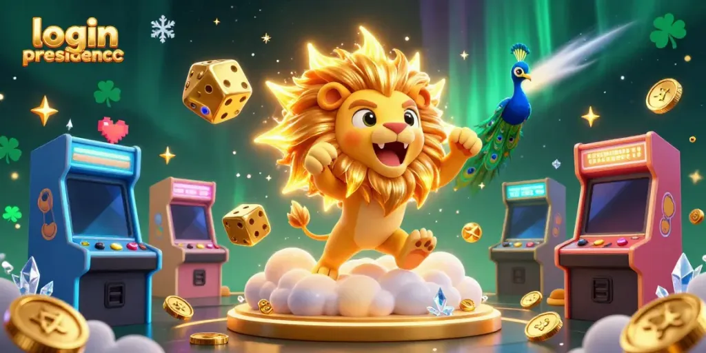 Experience the thrill of games with login presidencc, featuring a vibrant 3D lion, dice, and gaming elements.