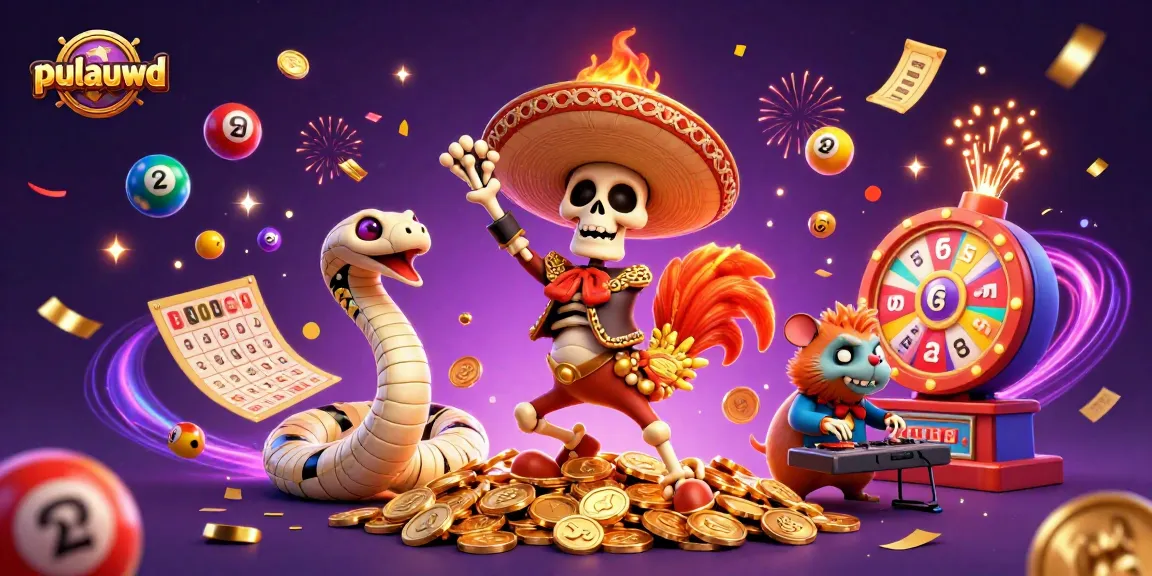 Engage in exciting lottery games with pulauwd as a vibrant mariachi rooster dancer and spinning prize wheel.