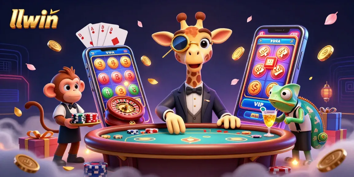 Experience the thrill of llwin with a high-roller giraffe, monkey valet, and chameleon bartender in a lively casino scene.