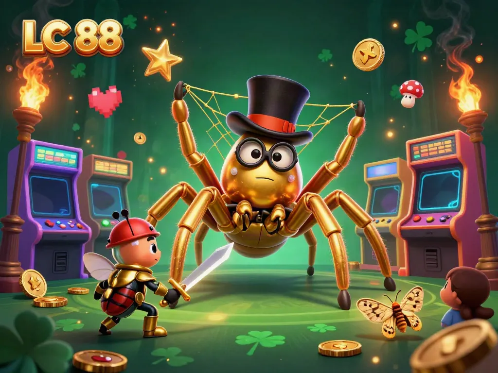Experience the excitement of LC 88 with a whimsical 3D illustration of a golden tarantula and beetle knight in a vibrant casino