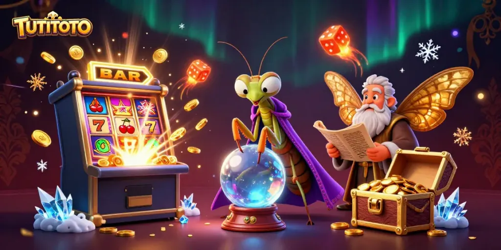 Experience TUTITOTO with a vibrant 3D depiction of fortune tellers and a jackpot explosion from a slot machine.