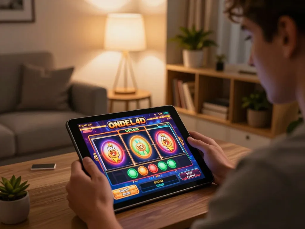 Playing ONDEL4D on a tablet, showcasing an engaging online slot gaming experience in a cozy home setting.
