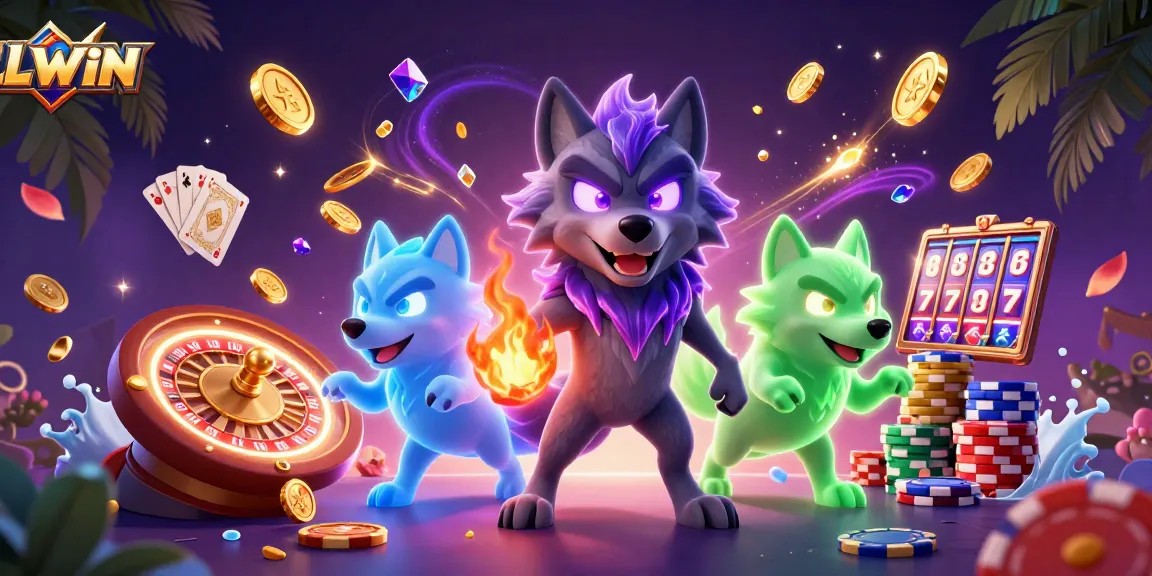 LL WIN showcases vibrant casino energy with glowing wolf leaders amidst rich gambling elements.