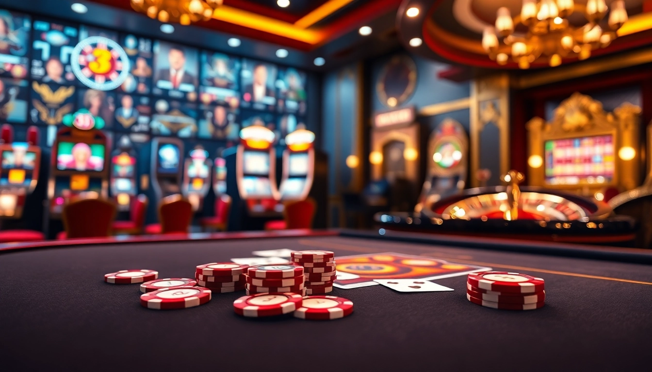 Experience the excitement of 32win.com with vibrant poker chips and casino elements in a luxurious setting.
