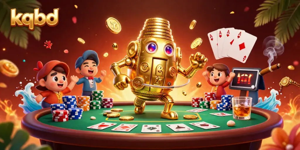 Engage with kqbd on a vibrant animated scene showcasing a golden golem amidst rich casino elements.
