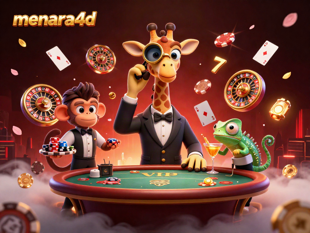 Menara4d menghadirkan suasana kasino dengan jerapah, monyet, dan bunglon dalam poker.