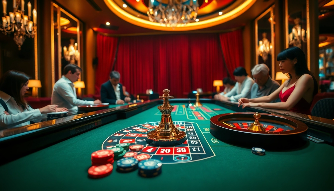 Menggambarkan aksi bermain bandartoto pada meja roulette dengan suasana kasino yang mewah.