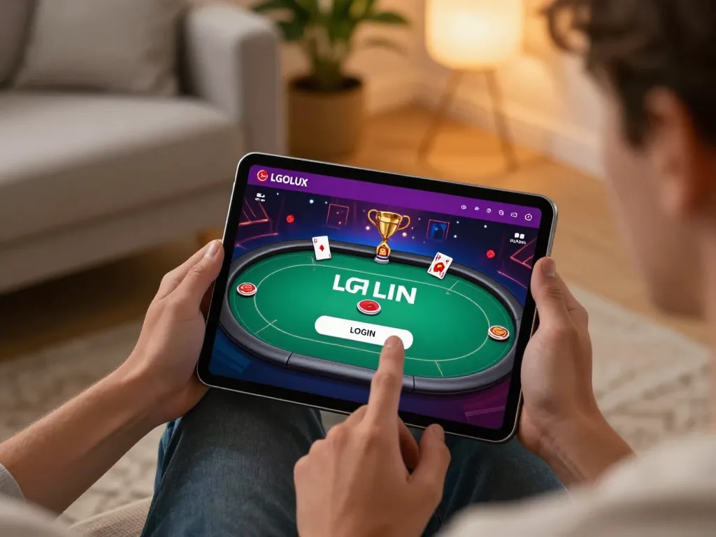 Login to LGOLUX with excitement during an engaging poker game on a tablet.