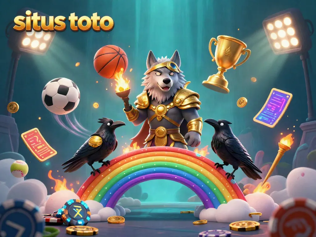Experience situs toto through a vibrant 3D casino scene featuring a Norse mythology-inspired wolf with sports elements.