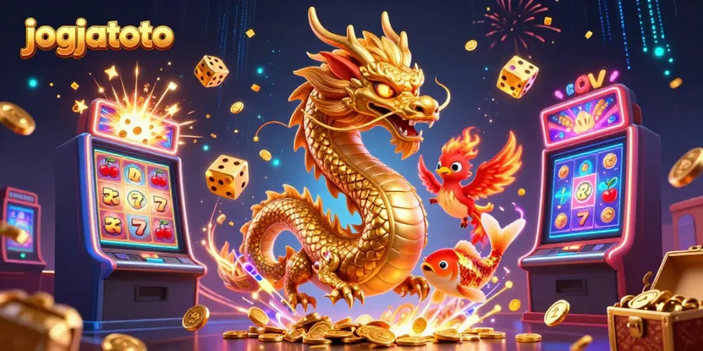 Spin and win big at jogjatoto with a fierce dragon and colorful casino elements.