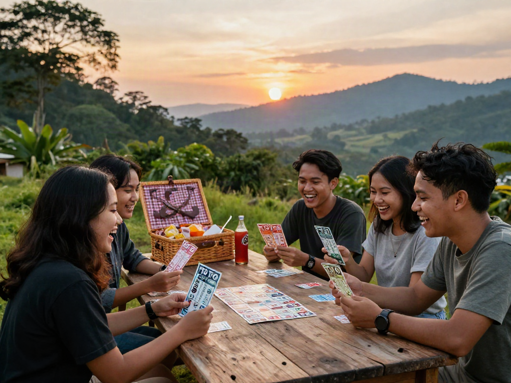 Teman-teman bersenang-senang bermain toto togel di meja kayu sambil menikmati suasana alam.