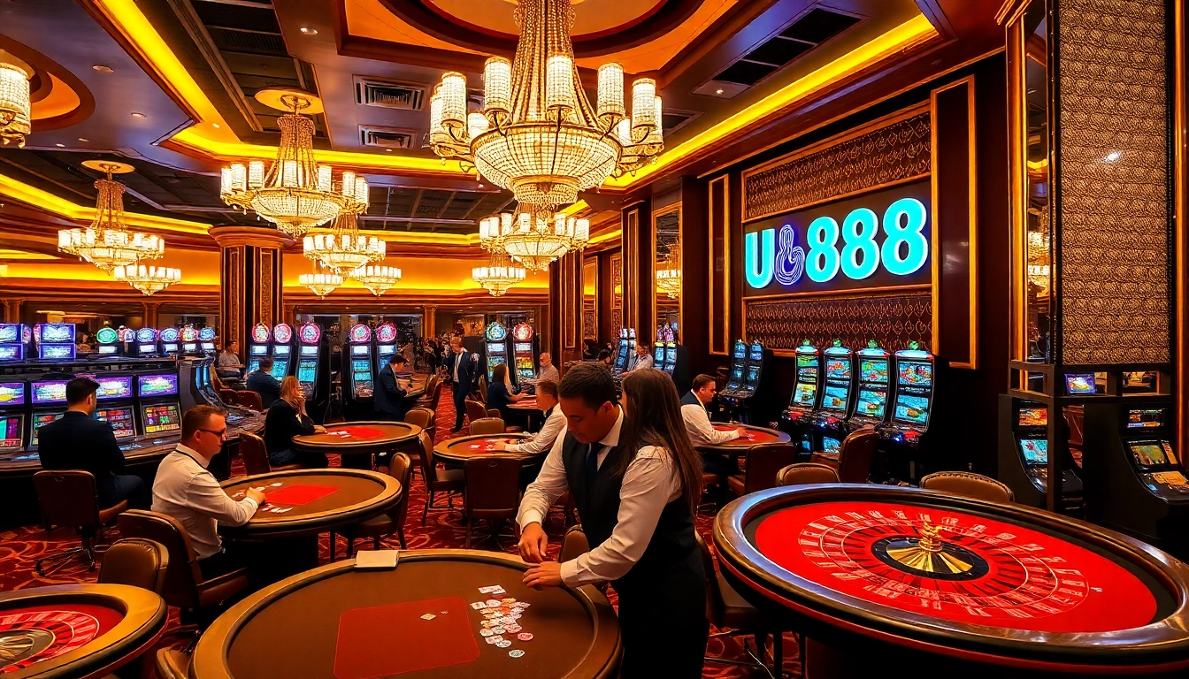 Players at U 888 casino enjoying a vibrant gaming experience with roulette and poker.