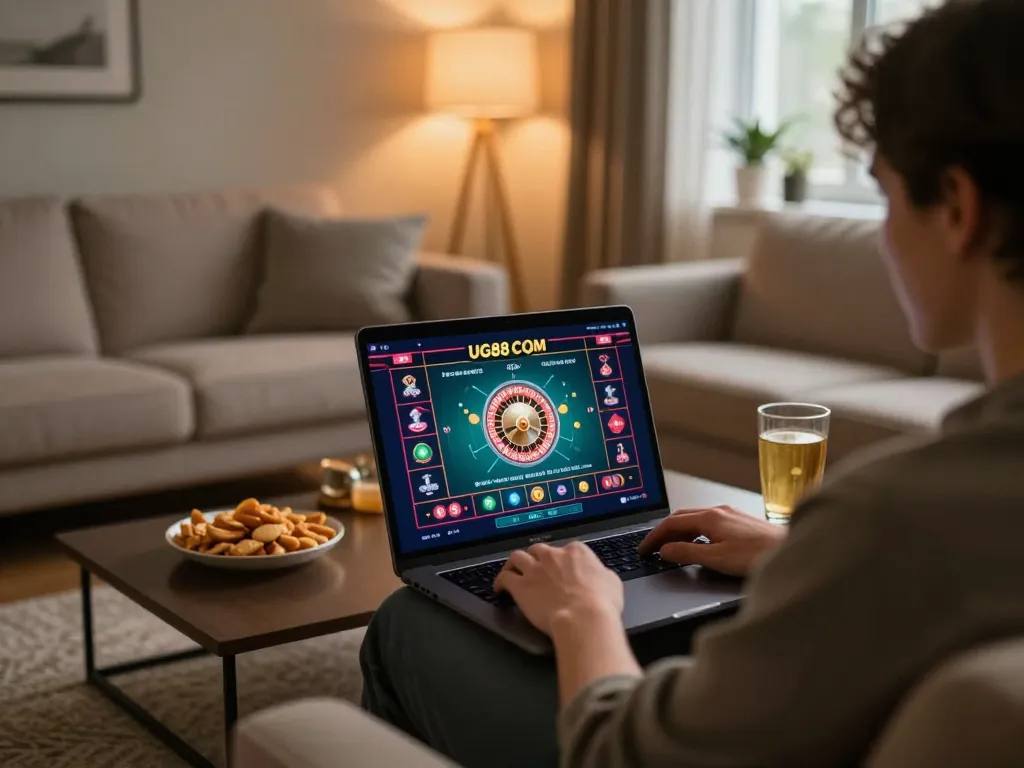 Engaging online gaming experience on UG88 COM displayed on a laptop with dynamic roulette action in a cozy setting