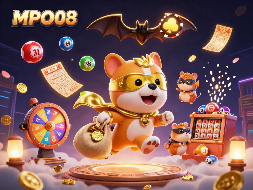 MPO08 brings excitement with a superhero dog and hamster in a dynamic casino illustration featuring colorful game elements.
