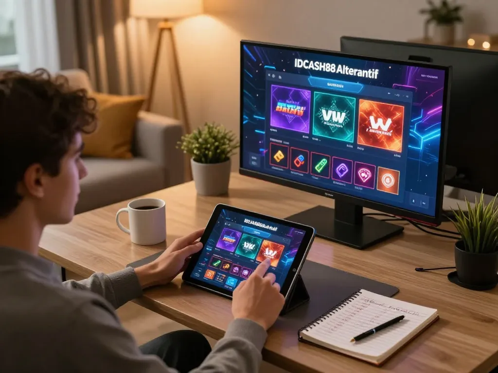 Engaged player strategizing on IDCASH88 Alterantif online casino with tablet in cozy setup.