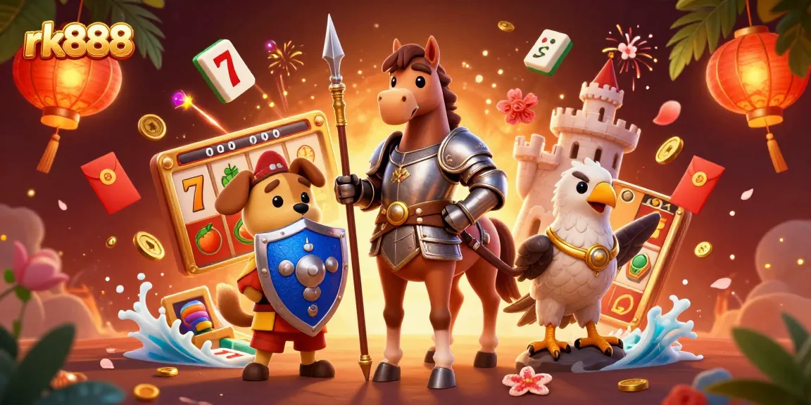 Engage in thrilling action with rk888's vibrant 3D casino characters surrounded by dynamic gambling elements.