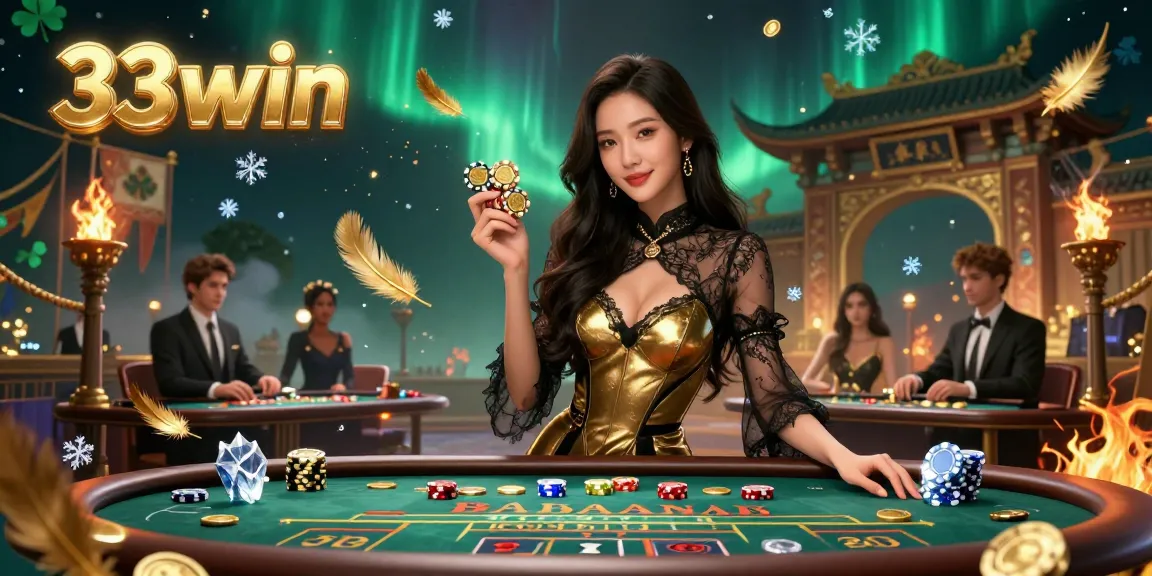 Engage in thrilling 33win baccarat with confidence as a glamorous dealer manages golden casino chips.