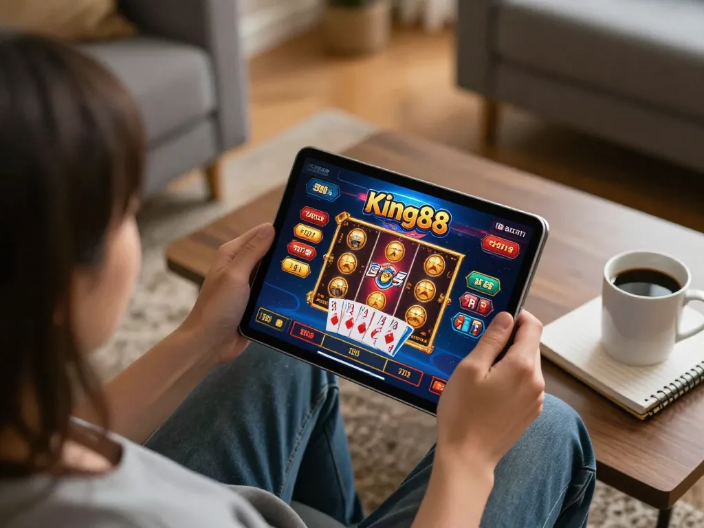 Player enjoying a slot game on King88's mobile app amidst a cozy home setting, showcasing responsible gaming.