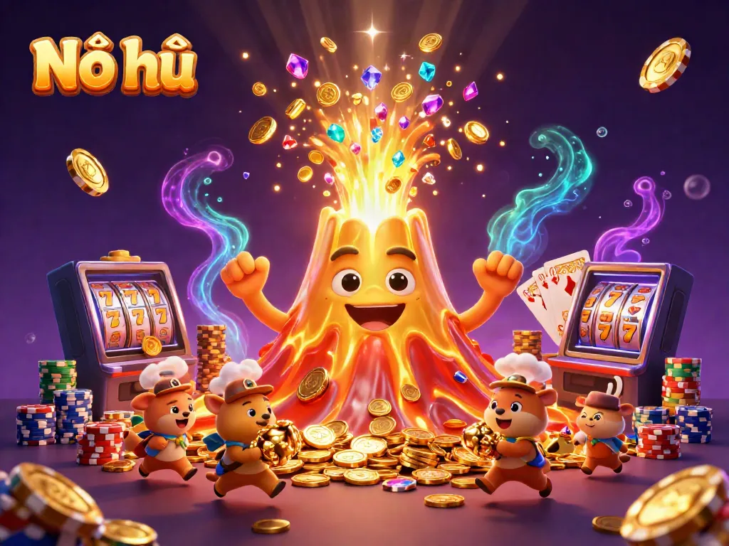 Nổ hũ jackpot scene featuring a golden volcano erupting treasure and dynamic casino elements