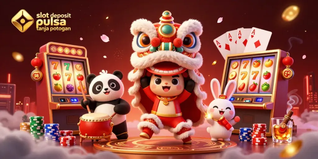 Experience the thrill of slot deposit pulsa tanpa potongan with vibrant 3D casino illustrations featuring lucky symbols.
