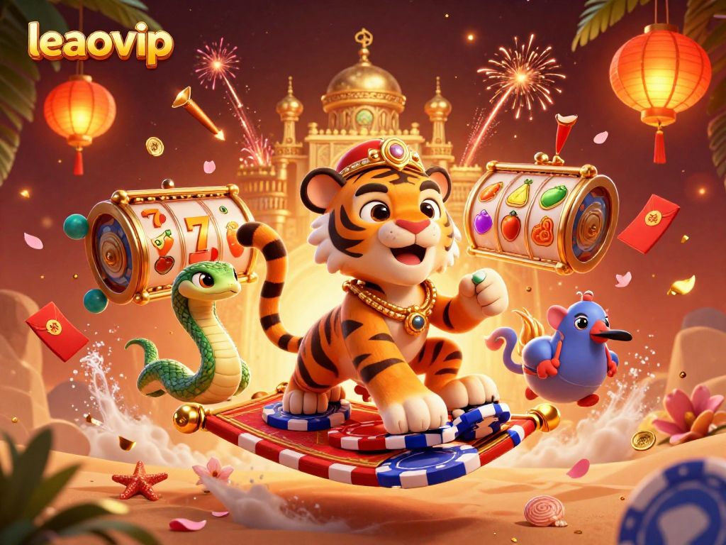 Experience the vibrant action of leaovip with an Arabian Nights-themed casino scene showcasing slot reels and a magical sultan.