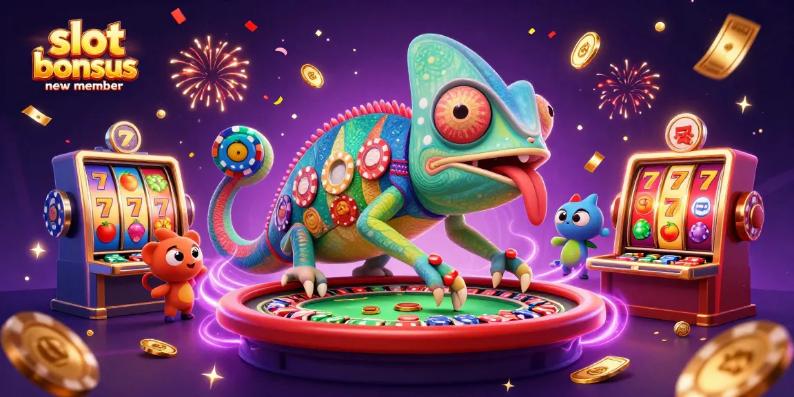 Menangkan slot bonus anggota baru dengan chameleon kasino berwarna-warni menangkap koin emas di antara simbol slot.