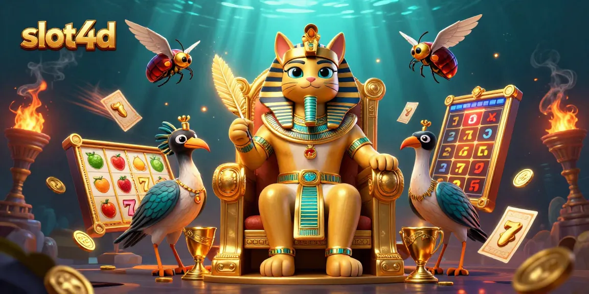 Experience slot4d with vibrant symbols and cinematic illustrations of a pharaoh cat and scribe.