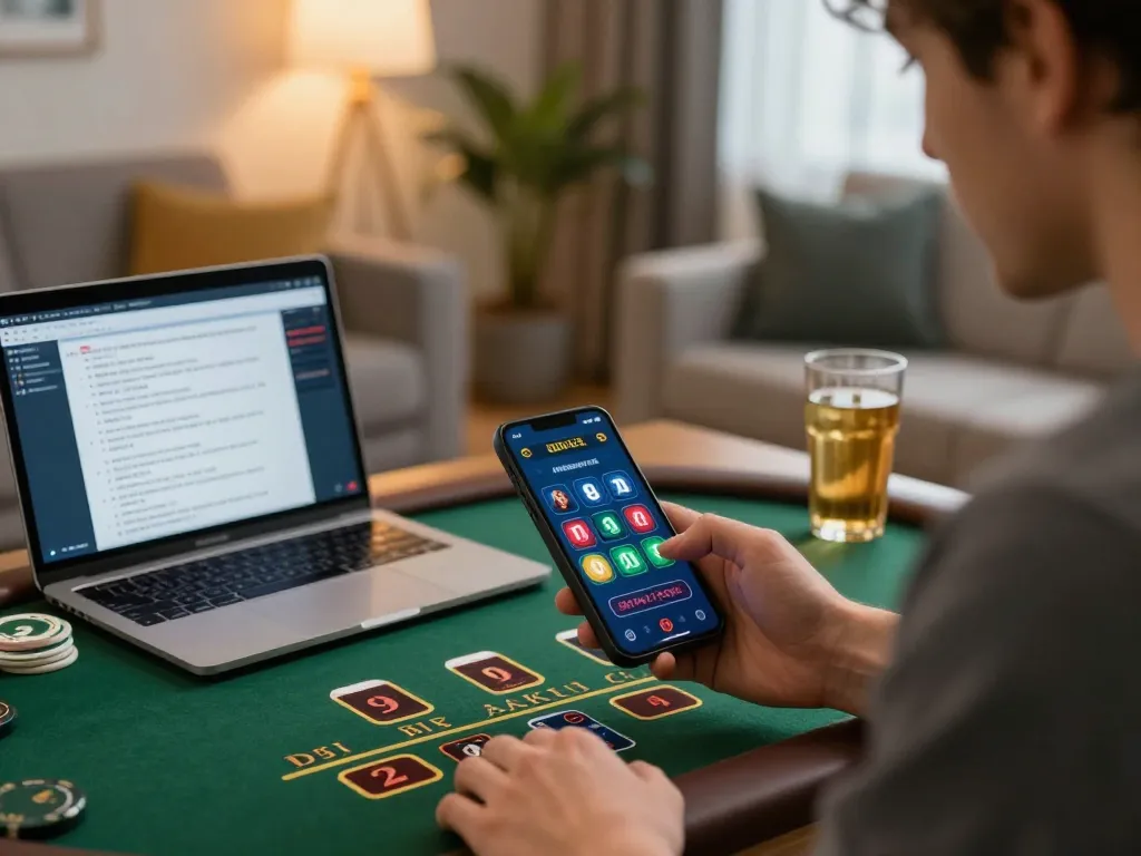 Player engaging with OKESLOT's live baccarat interface on smartphone in cozy home setting.