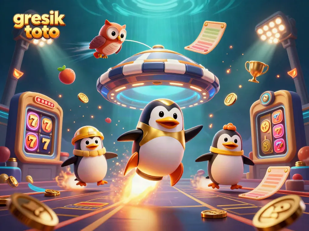 Gresik toto menghadirkan penguin emas berenergi roket menuju kasino lewat lautan koin emas.