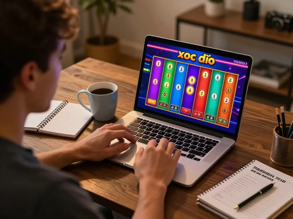 xóc đĩa là gì depicted through an individual immersed in online gambling with a laptop and coffee, showing a vibrant game interface.