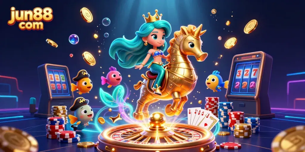 Engage in online gambling at jun88 com with vibrant mermaid princess riding seahorse amidst casino treasures.