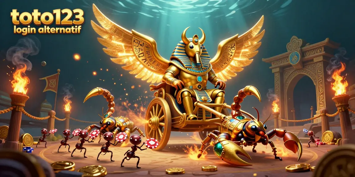 Toto123 login alternatif brings excitement to online gambling with a vibrant 3D casino illustration featuring cartoon characters and dynamic game elements.