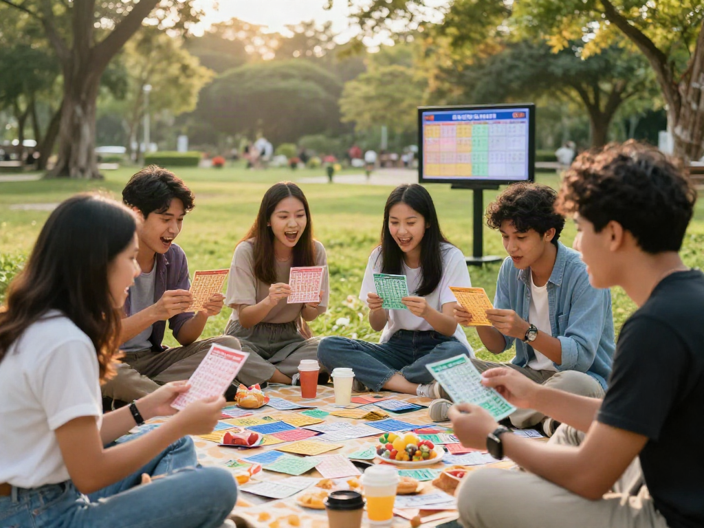 Permainan toto togel di taman bersama teman-teman dengan tiket berwarna-warni.
