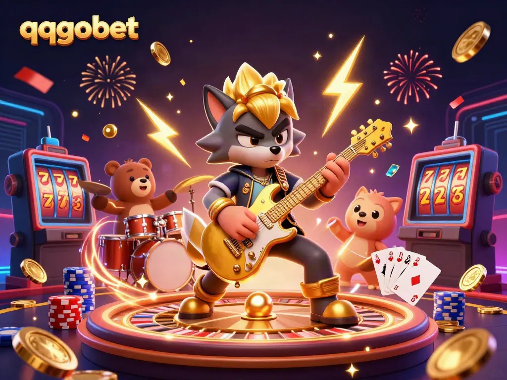 Engage in thrills with qqgobet on a vibrant casino stage featuring a rock star wolf and drummer bear.