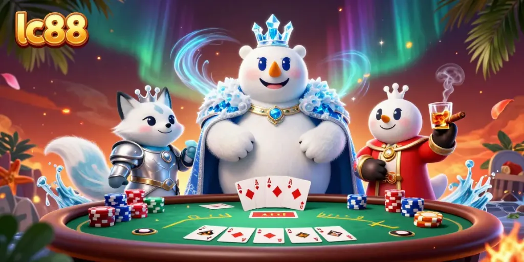 Experience the thrill of lc88 at a vibrant poker table with an ice king and fox, amidst colorful chips.