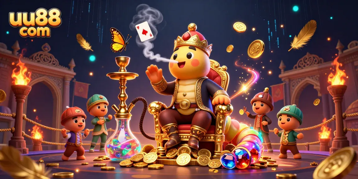 Engage with uu88 com's vibrant 3D illustration featuring a caterpillar hookah-master in a casino theme.