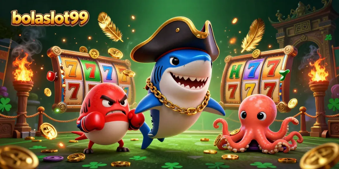 Engage in thrilling gaming at bolaslot99 with a vibrant 3D casino scene featuring a pirate shark and golden coins.