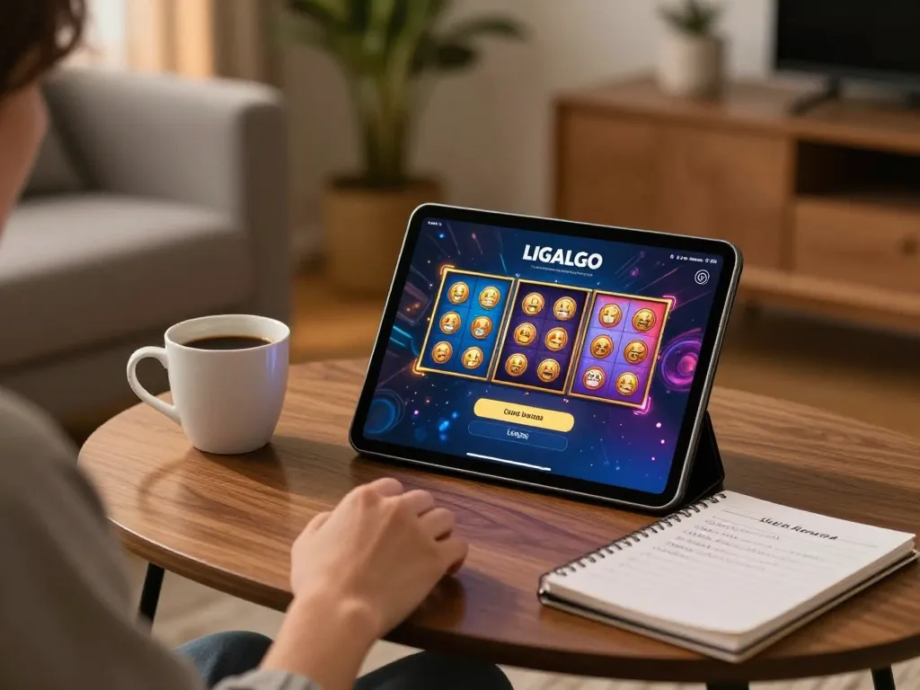 LIGALGO LOGIN on a tablet while enjoying an online casino game in a cozy modern living room.