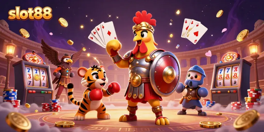 Slot88 menghadirkan pengalaman menakjubkan dengan karakter judi dan koin emas yang terbang.