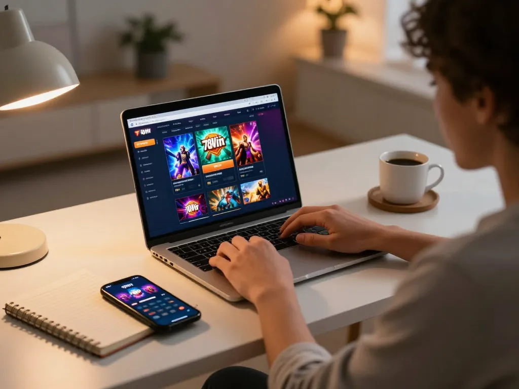 Engaging in online gaming at home with 78win casino on a laptop and smartphone, highlighting strategic gameplay.