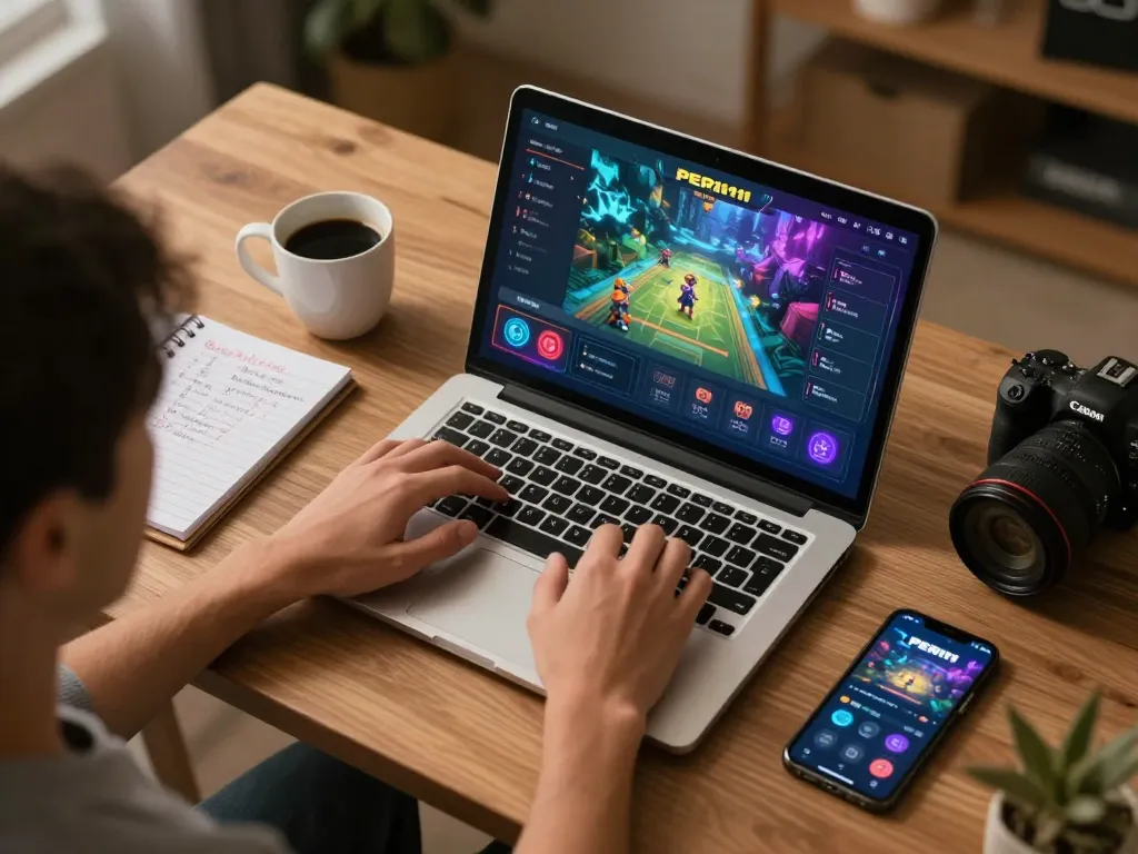 Play the popular PERI11 game online in a cozy home setting with strategic notes and a laptop.