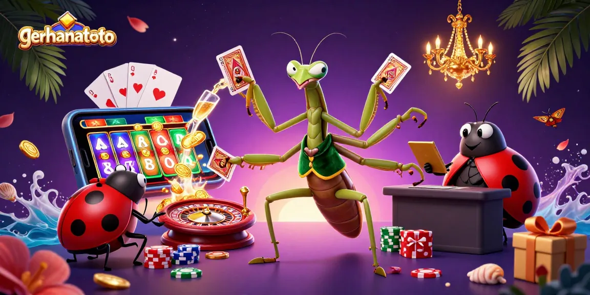 Gerhanatoto memperlihatkan mantis raksasa dan petugas ladybug sedang memimpin sambil menangani kartu.