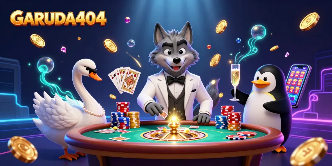 Engage with GARUDA404's immersive online gaming experience featuring a debonair wolf, elegant swan, and sophisticated penguin.