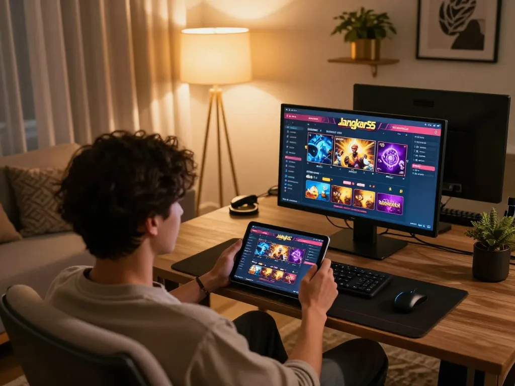 Player engaging with the jangkar55 online casino on a tablet, showcasing a dynamic gaming experience at home.